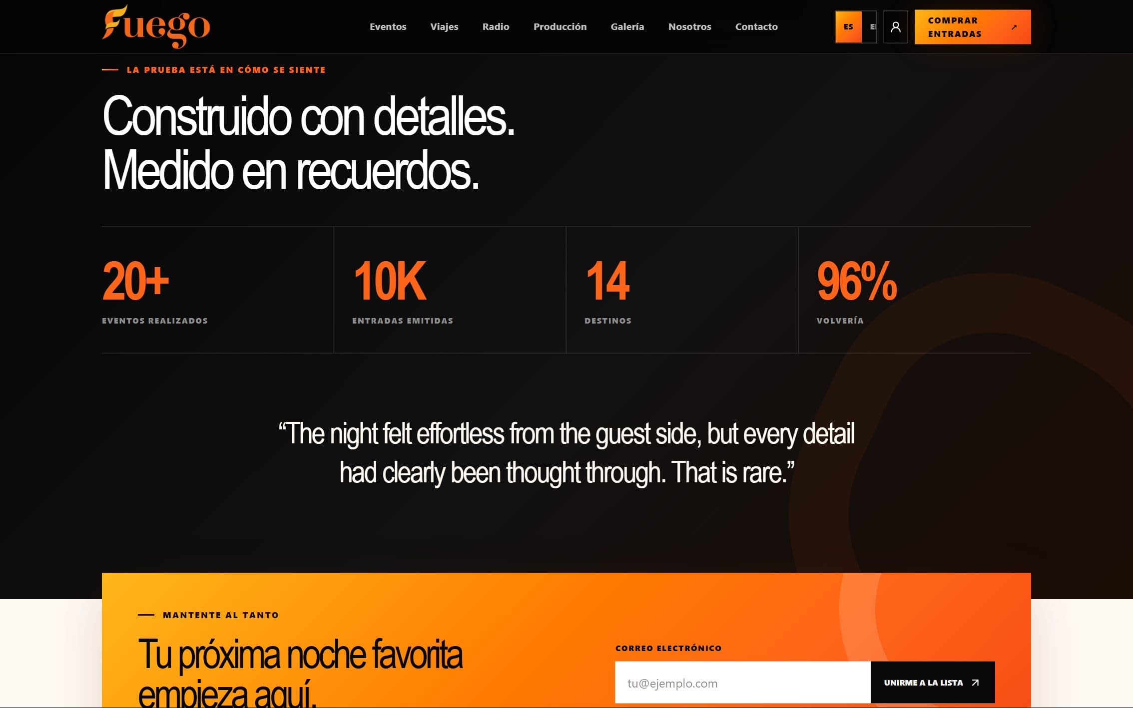 Fuego Events website screen 3, designed and developed by Promiq Agency