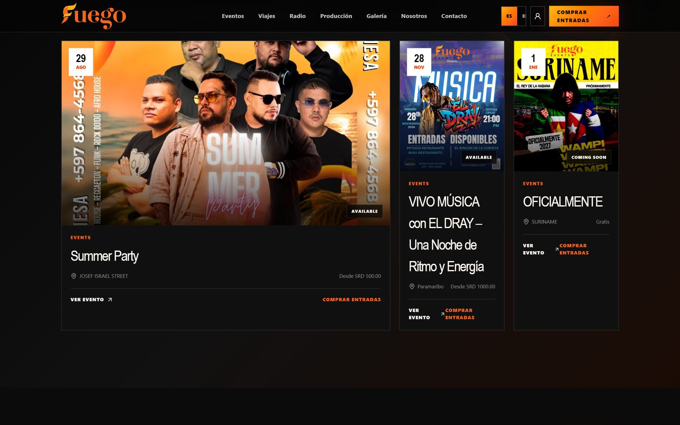 Fuego Events website detail